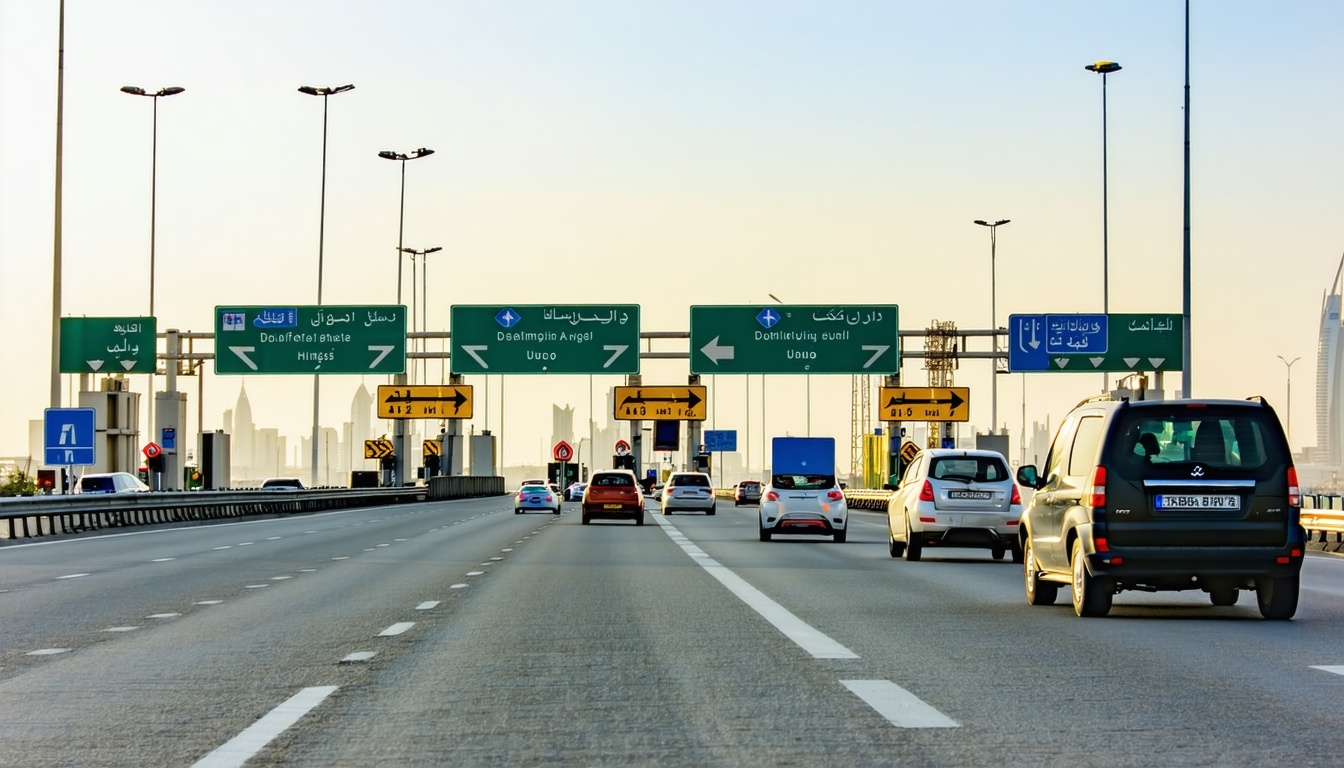 Dubai highway toll gate with vehicles passing through