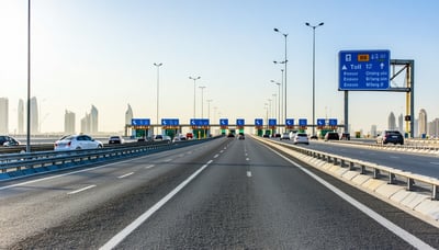 Modern Dubai road with smooth traffic and electronic toll gate